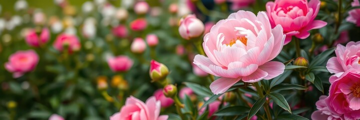 Fototapeta premium Pink peony flowers in full bloom creating a beautiful and elegant background, bloom, botanical, garden