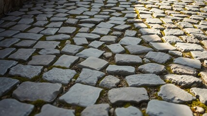 Cobblestone Pathway with Interstitial Moss A Textured Surface Detail
