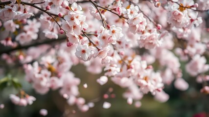 Pink sakura petals gently falling in a soft, dreamy background, soft, garden, sakura