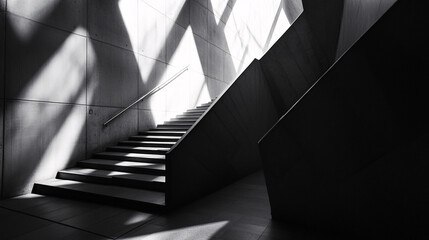 Obraz premium A minimalistic photo of a modern staircase with dramatic shadows and geometric shapes creating a sense of depth and tranquility