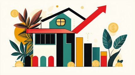 Fototapeta premium Vibrant Illustration of a Modern House with Growing Bar Graphs and Coins, Symbolizing Financial Growth, Success, and Real Estate Investment Trends