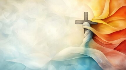 An abstract portrait depicting a figure carrying a heavy cross, symbolizing sacrifice and humility, with a background of vibrant colors and swirling patterns, evoking the themes of symbolism