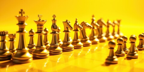 Golden Chess Pieces Strategically Arranged on a Yellow Surface