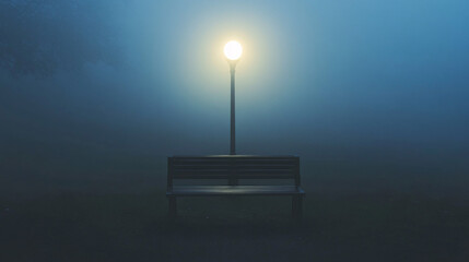 A minimalistic scene featuring an empty wooden bench illuminated by a streetlamp in a foggy atmosphere creating a calm and serene ambiance