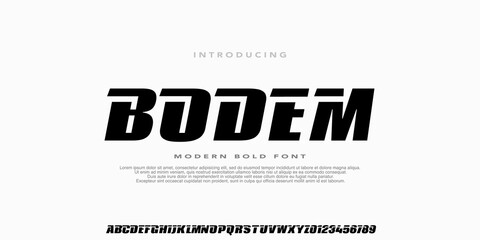 Obraz premium Modern Typeface Bold Italic Font,Alphabet Strong and heavy font, design for sport, technology, fashion, automotiv, urban, racing, movie. Uppercase and Number.Vector illustration