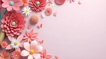Beautiful paper cut style flowers on pink background with copy space