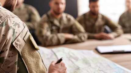 Martial Law Concept, Military Briefing Room with Officers Reviewing Maps and Strategies in a Professional Setting