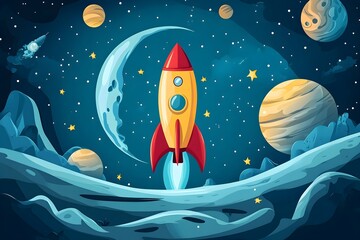 Explore the wonders of space with a detailed illustration of a rocket and celestial bodies, perfect for science and education. illustration, science, design, mosque, travel, child, star, sky,