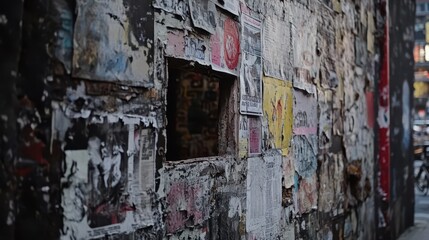 Weathered wall covered with vintage posters and advertisements in an urban setting showcasing layers of urban culture