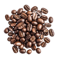 Roasted coffee beans pile transparent background food photography studio setup close-up view delicious aroma