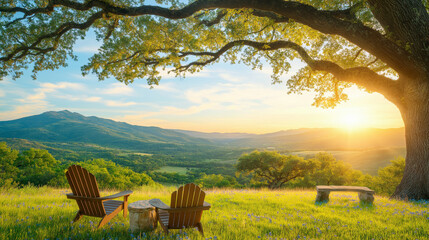 Fototapeta premium Tranquility at Sunset: Two Adirondack chairs sit beneath a majestic oak tree overlooking a valley bathed in the golden glow of a sunset. The idyllic scene evokes peace and serenity.