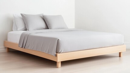 Minimalist bedroom with simple wooden bed frame and soft gray bedding