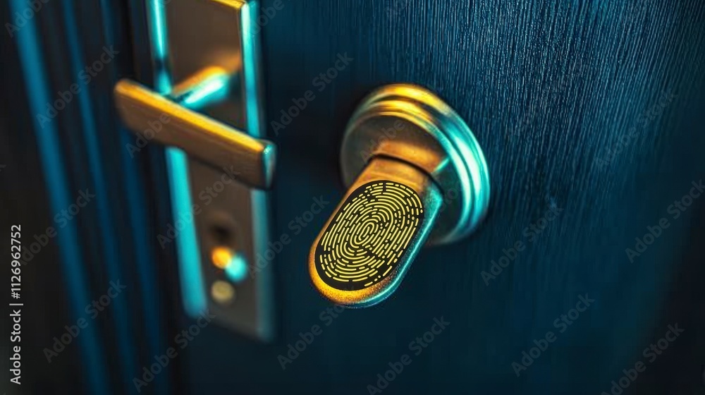 Poster High-tech smart lock with fingerprint scanner home entrance product showcase modern design close-up view security innovation