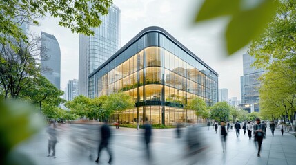 Obraz premium The sophisticated glass office and working space is designed with eco friendly features, including sustainable building materials and a lush green environment with trees surrounding the area