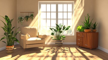 A sunlit room with a cozy chair, plants, and a wooden cabinet, creating a serene atmosphere.