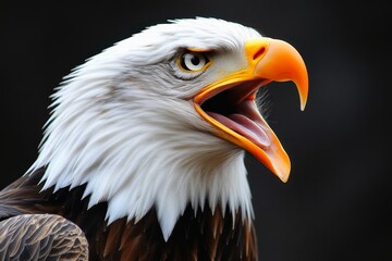 Side profile of a bald eagle in mid-screech - the sharp beak open with feathers ruffled.