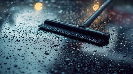 Efficient window cleaning technique urban setting product close-up rainy environment top-down view practical application