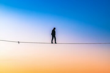 Silhouette of a person walking on a tightrope representing balance in life.