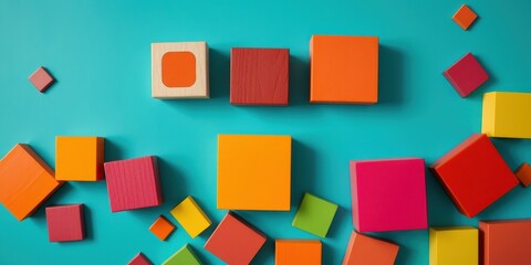 Obraz premium Colorful wooden blocks arranged on a teal background in a playful pattern