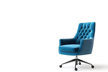 A blue chair with a black and white design sits on a white background