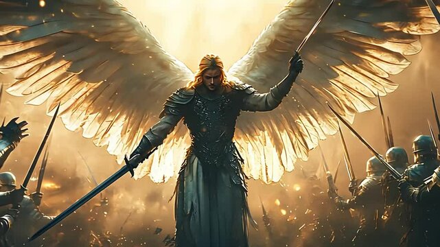 winged angel holding a sword with hordes of enemies around him. 4k video