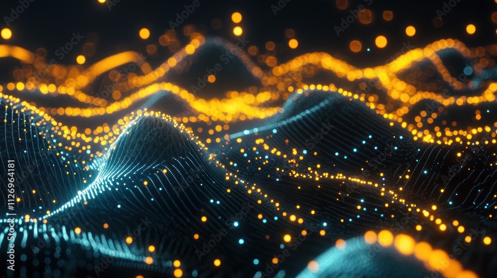 Wall mural abstract digital landscape with glowing waves and particles, representing data or technology.