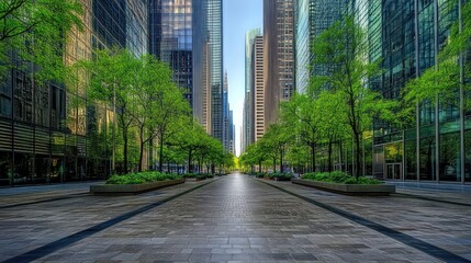 A serene urban pathway lined with greenery and towering skyscrapers.