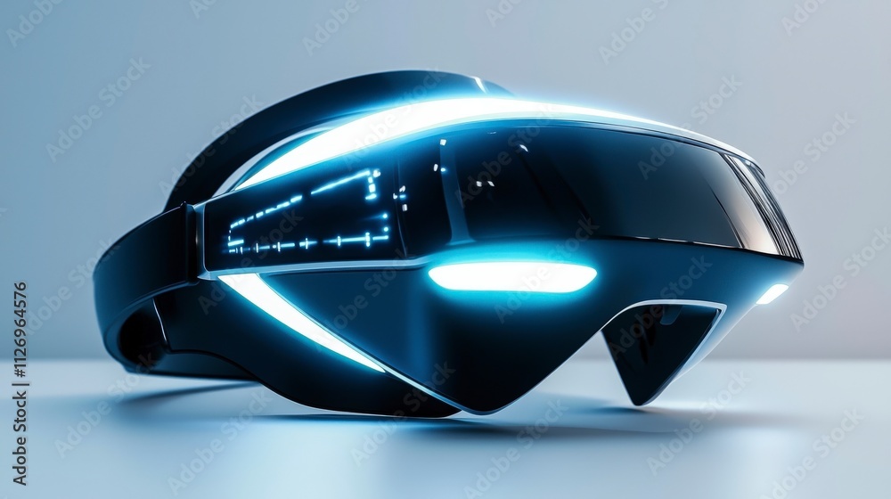 Poster futuristic virtual reality headset showcase technology lab product display modern environment close-