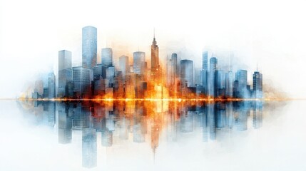 The abstract cityscape painting features a dynamic composition of overlapping buildings in various shades of blue and gray, conveyed through bold and textured brushstrokes