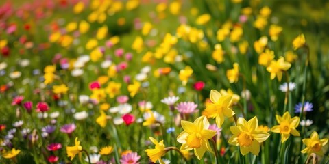 Vibrant daffodil flowers blooming in a lush field under the sun, countryside, outdoors