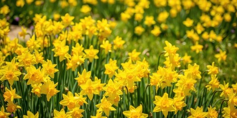 Obraz premium Vibrant daffodil flowers blooming in a lush field under a clear blue sky, yellow, bloom, flowers
