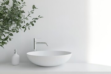 Fototapeta premium A white sink with a soap dispenser next to it