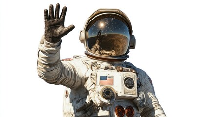An astronaut waves, showcasing a reflective helmet against a cosmic backdrop.