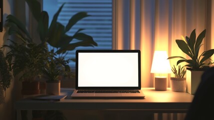 Fototapeta premium Laptop on Desk with Plants at Night: Cozy Home Office Setup