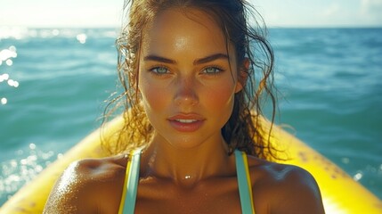 A young woman with glowing skin and wet hair sits confidently on a yellow kayak. The vibrant blue ocean surrounds her, capturing the essence of a sunny beach day spent outdoors.