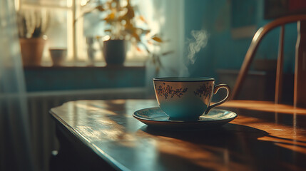 Obraz premium Warm cup of tea rests on a wooden table in a cozy sunlit room with plants