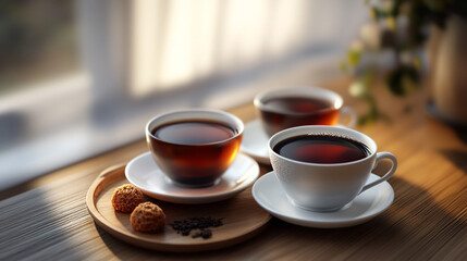Fototapeta premium Warm cups of coffee and treats on a wooden table in soft morning light