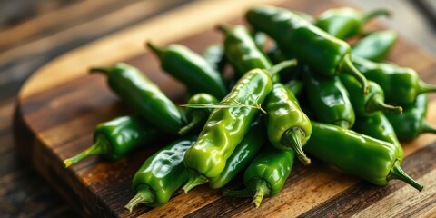 A vibrant pile of glossy green peppers rests on a rustic wooden cutting board