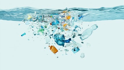 Naklejka premium Plastic waste bottles in water and other garbage floating underwater, highlighting environmental pollution and the urgent need for conservation