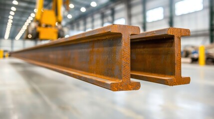 A steel beam, measuring 12 inches in width and 20 feet in length, is carefully inspected for any imperfections before being hoisted into place by a crane in the industrial warehouse.