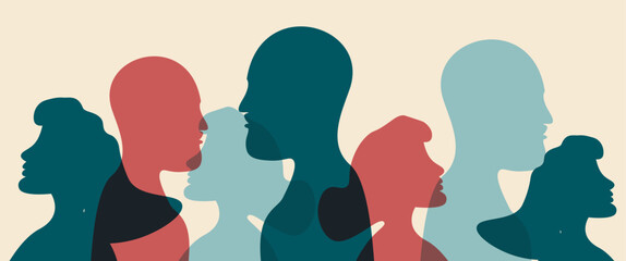 Group diversity silhouette multi ethnic people from the side. Community of colleagues or collaborators. People Diversity. Anti-racism Concept for Racial Equality. Social Inclusion. 