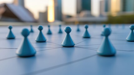 Blue Game Pieces on Board with Urban Background and Blurred Cityscape