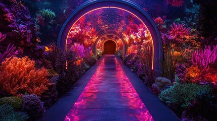 Fototapeta premium A magical underwater glass corridor surrounded by colorful coral and plants, leading to a luminous circular doorway with neon accents