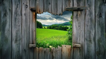 View Through Rustic Wooden Frame of Lush Green Landscape Under Dramatic Cloudy Sky