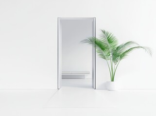 A minimalist interior featuring an open doorway and a potted palm plant.