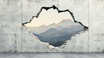 Broken Concrete Wall Revealing Scenic Mountain Landscape with Peaceful Horizon and Unobstructed View of Nature's Beauty