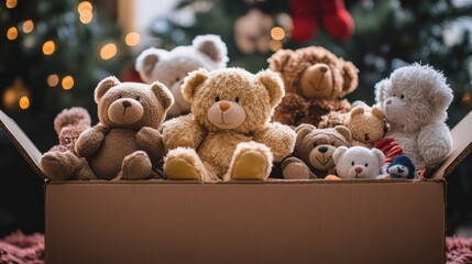 A box full of teddy bears, some of which are brown and some are white
