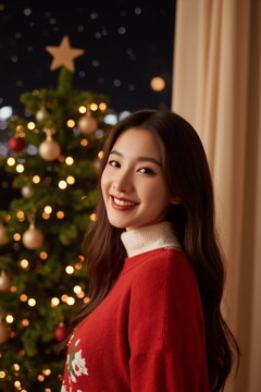 笑顔の若い女性とクリスマスツリー