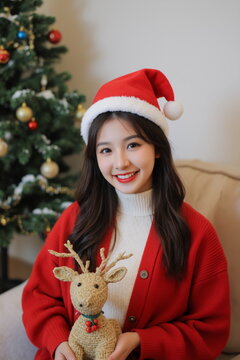 クリスマスの笑顔 &mdash; 暖かいセーターの若い女性