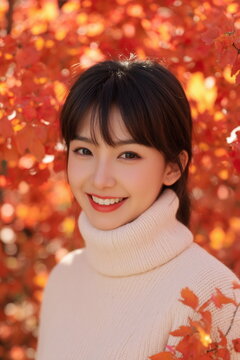 秋の紅葉と笑顔の女性